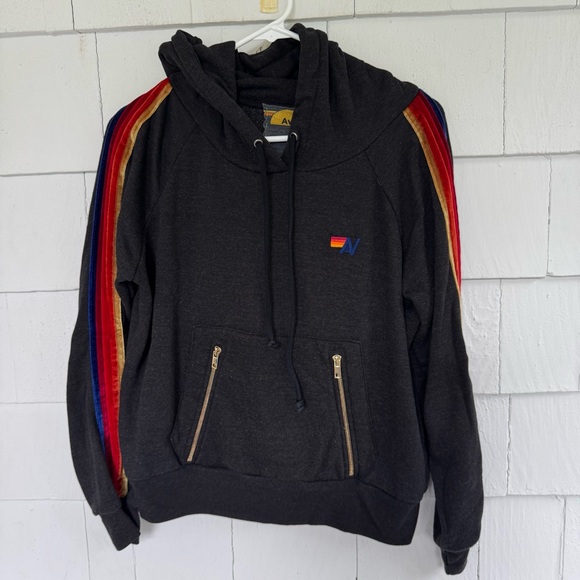 Aviator Nation Velvet Stripe Hooded Side Zip Pullover Charcoal Gray size XS - Picture 1 of 5